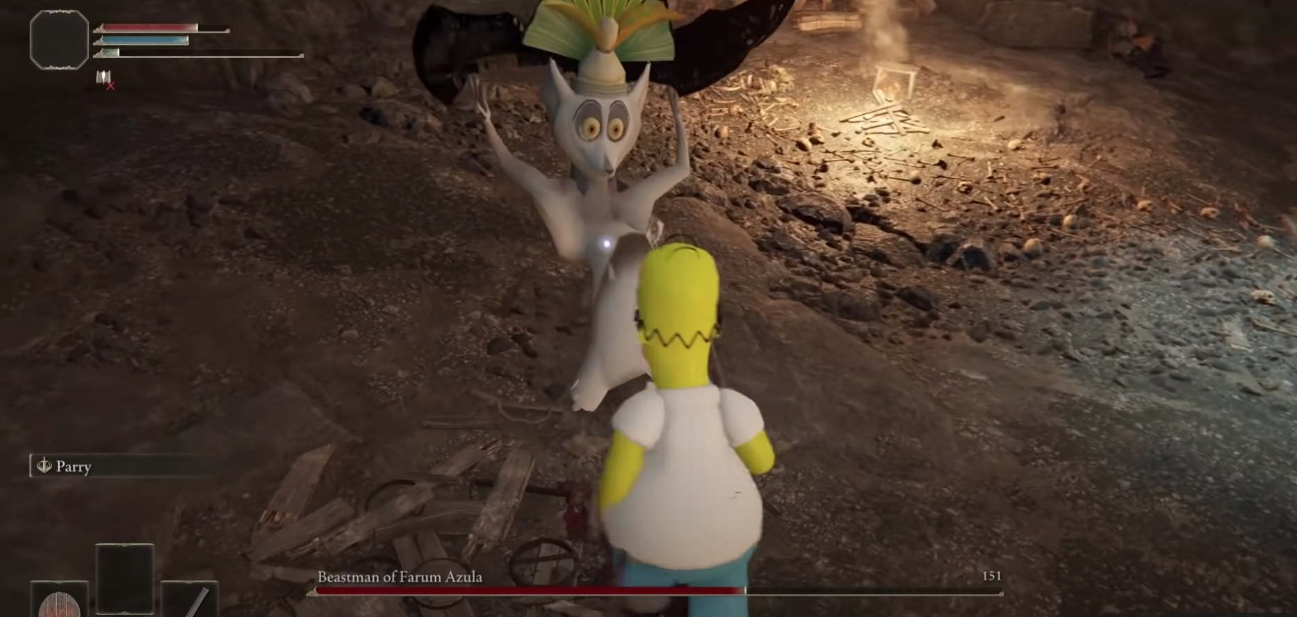 Homer Simpson in a boss battle with King Julien