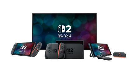 The Nintendo Switch 2 hardware family, showing the console in handheld, docked, and tabletop modes in front of a TV