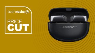 The Bose Ultra Open Earbuds on a yellow background with text saying Price Cut.
