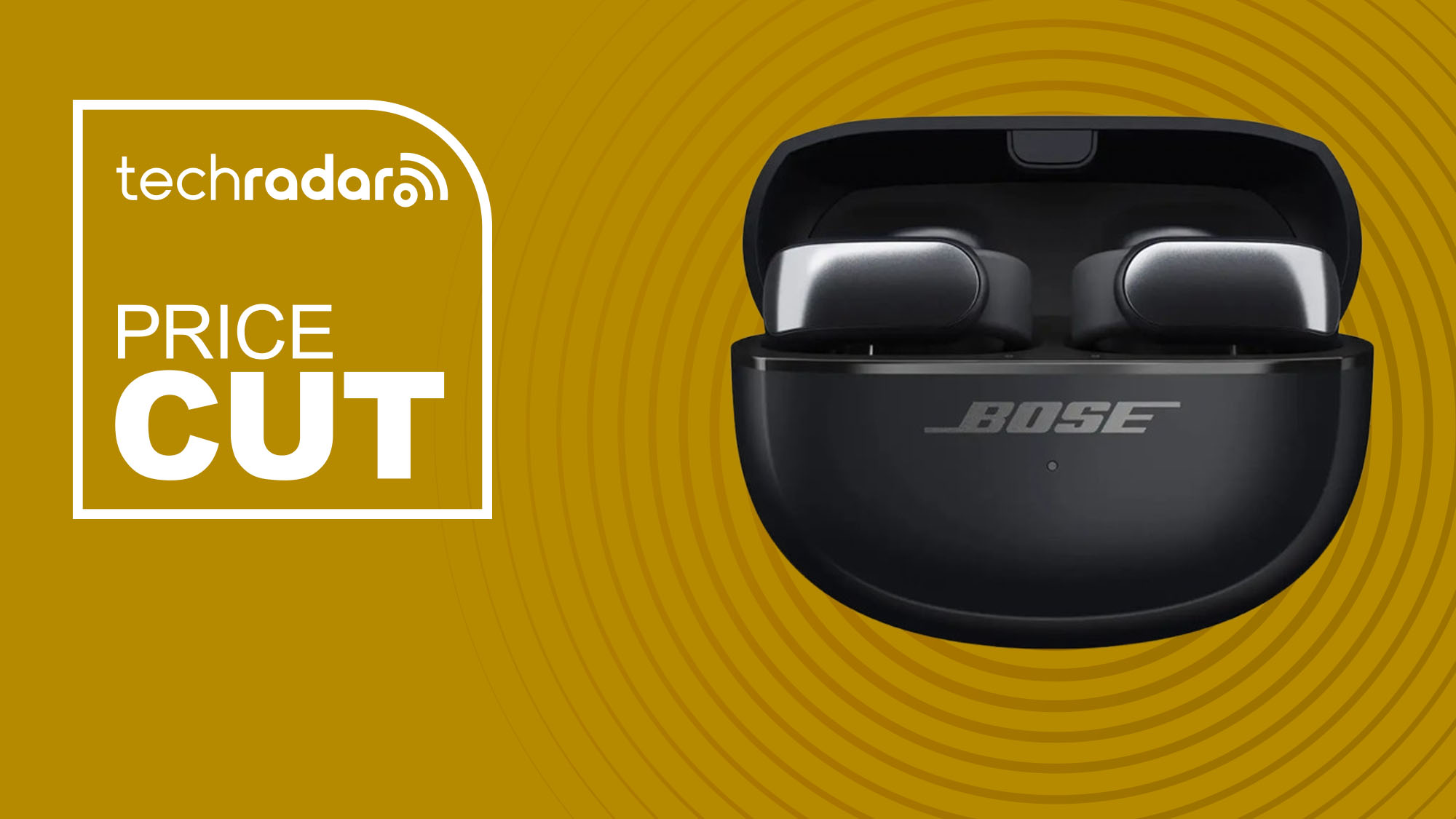 The Bose Ultra Open Earbuds on a yellow background with text saying Price Cut.