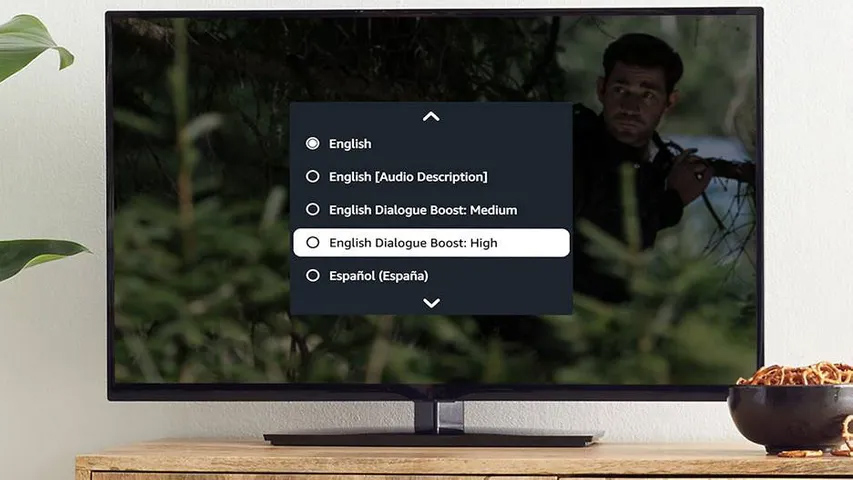 The Dialogue Boost settings in the Audio menu shown during an episode of Tom Clancy's Jack Ryan.