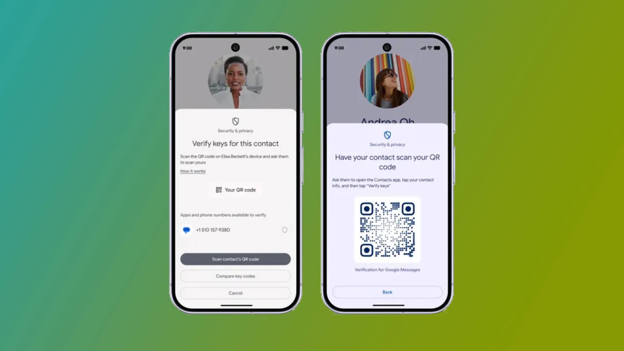 Two iPhones showing the new Key Verifier tool in the Google Messages app