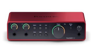 The front of a Focusrite Scarlett 2i2 audio interface