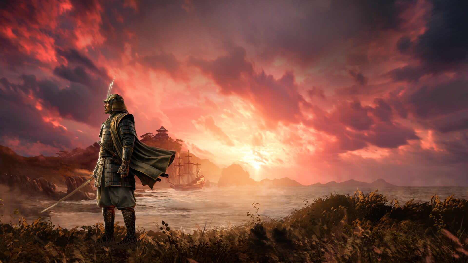 A Samurai standing on the coast.