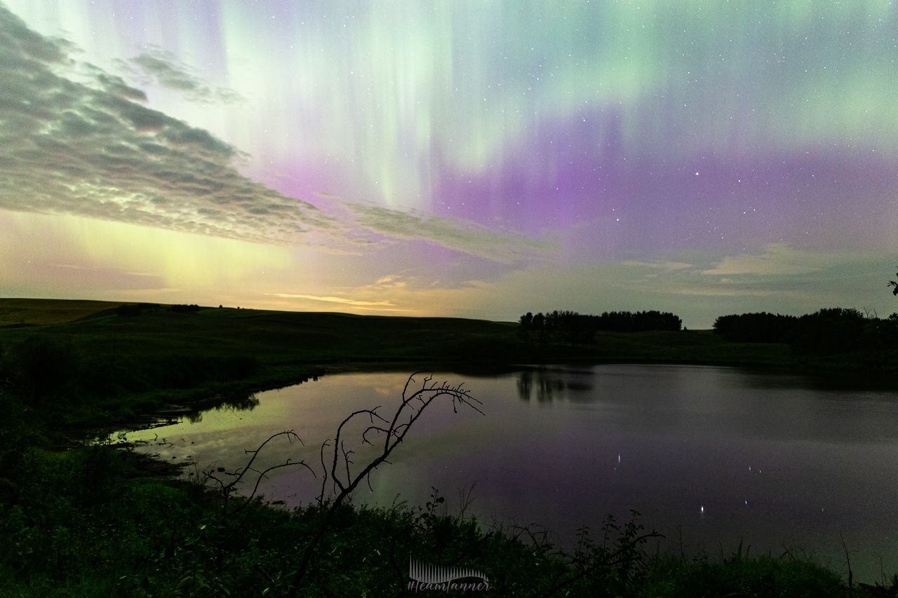 northern lights appearing as huge curtains of green light rippling along the sky.