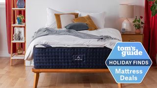 Image shows the DreamCloud Hybrid Mattress on a wooden bedframe next to a tall green houseplant and with a Holiday Flash Sale badge overlaid in blue