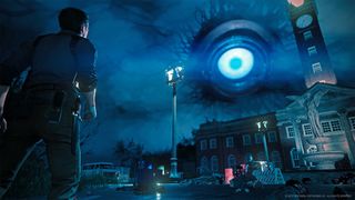 The Evil Within 2's main character looking towards a large eye in the sky floating above a building