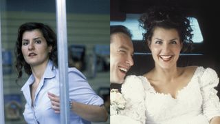 two stills of toula in and out of her wedding dress in the movie My Big Fat Greek Wedding