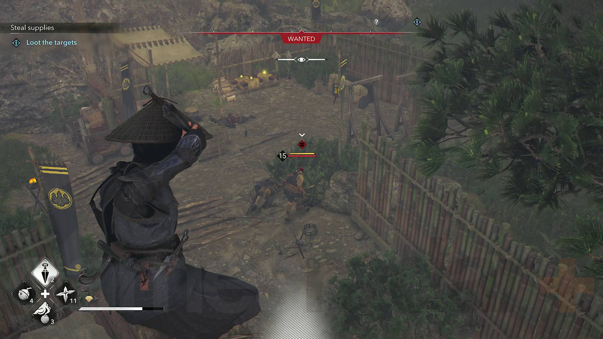 Assassin's Creed Shadows Naoe aiming kunai at soldier