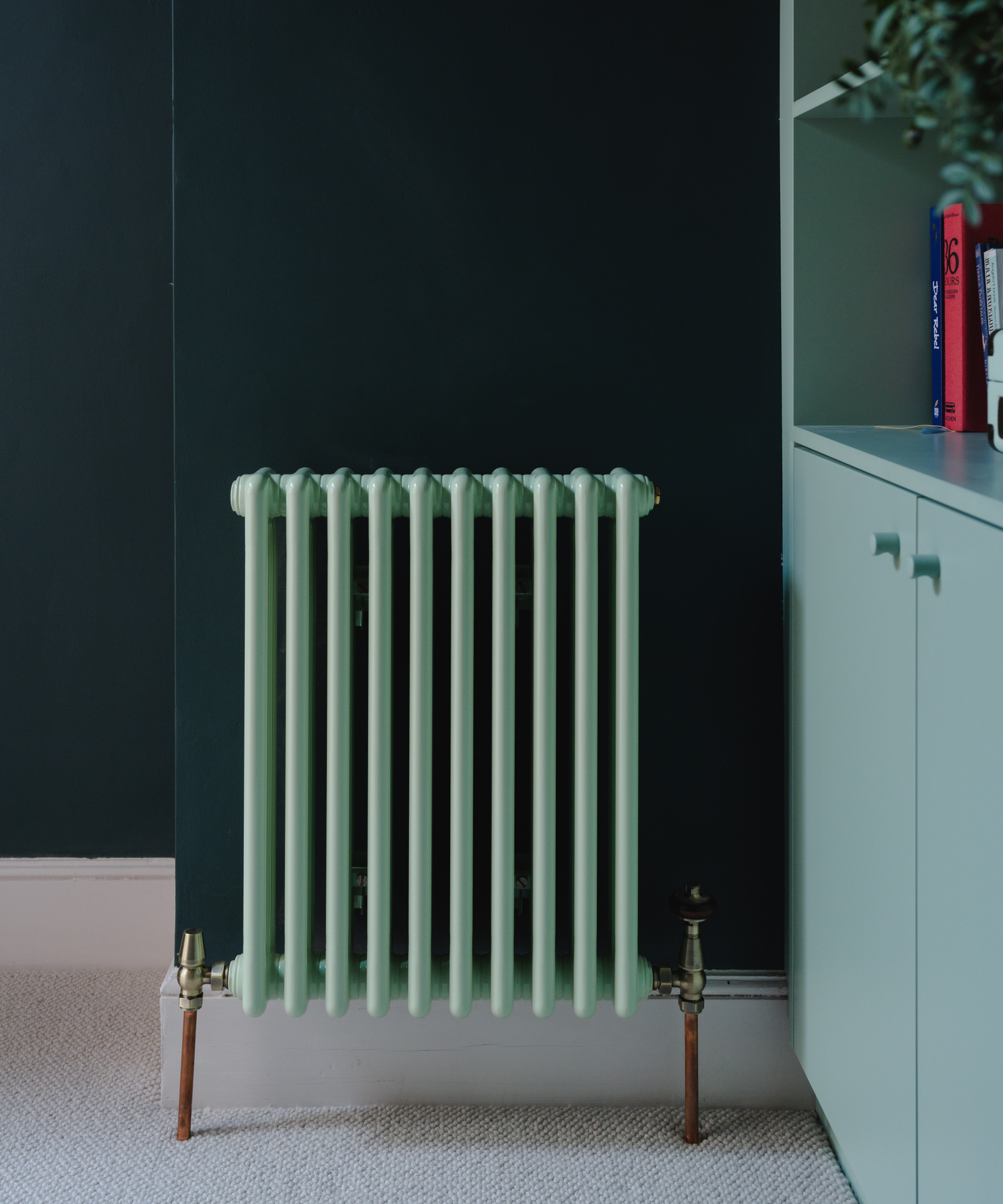 green column radiator in living space next to green storage