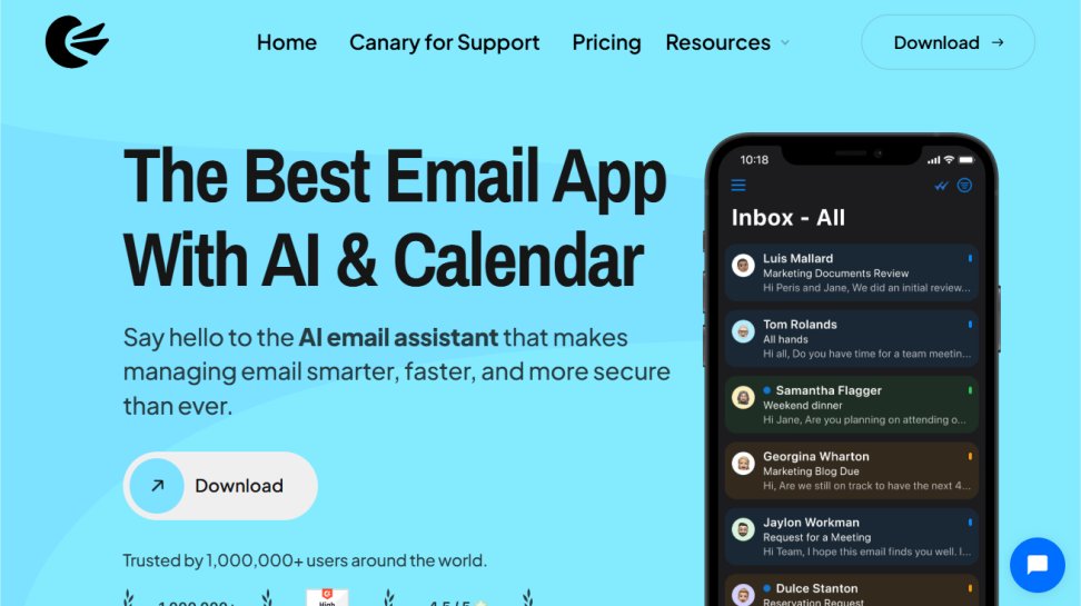 Canary Mail website screenshot (June 2025).