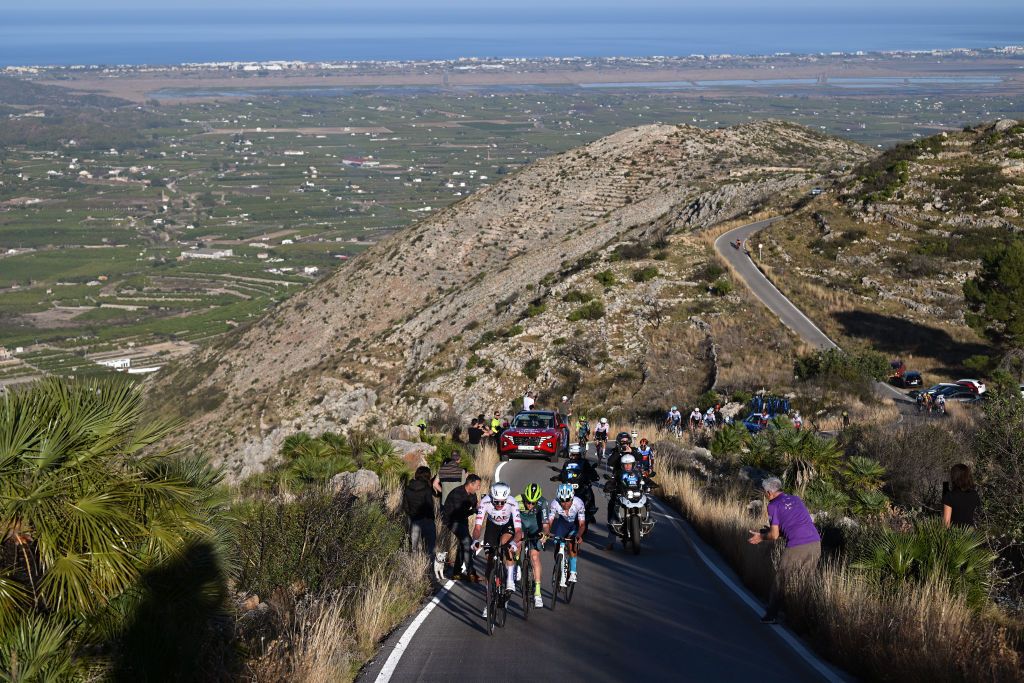 VALL DEBO SPAIN FEBRUARY 03 Santiago Buitrago of Colombia and Team BahrainVictorious Aleksandr Vlasov of Rusia and Team BORA Hansgrohe and stage winner Brandon McNulty of The United States and Team UAE Emirates compete in the breakaway climbing to the El Miserat 756m during the 75th Volta a la Comunitat Valenciana 2024 Stage 4 a 1752km stage from Teulada Moraira to Vall dEbo 527m Stage shortened by the organization to 160km on February 03 2024 in Vall dEbo Spain Photo by Dario BelingheriGetty Images