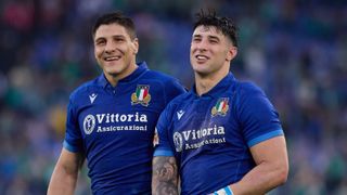 Juan Ignacio Brex and Tommaso Menoncello of Italy look on during the Guinness Six Nations 2025 match between Italy and Ireland. 