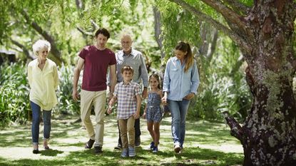 A big multigenerational family walks together in a park.