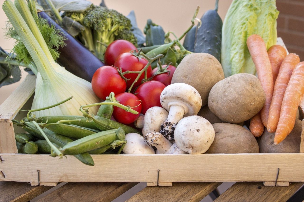 Wooden Box Full Of Fruits And Vegetables