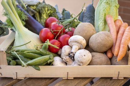 Wooden Box Full Of Fruits And Vegetables