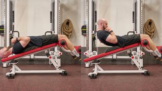Ultimate Performance trainer demonstrates two positions of the decline crunch