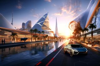 An AI-generated image of a city inspired by the carmaker Lamborghini