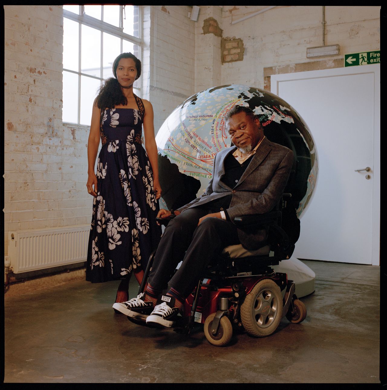 Ashley Shaw Scott Adjaye and Yinka Shonibare with a globe from The World Reimagined&#039;s sculpture trail