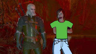 Geralt stands next to a naked woman, covered by simplistic clipart of a t-shirt and jeans.