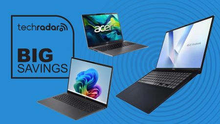 Laptops from Acer, Asus, and HP against a blue background next to a TechRadar badge that reads 'Big Savings'
