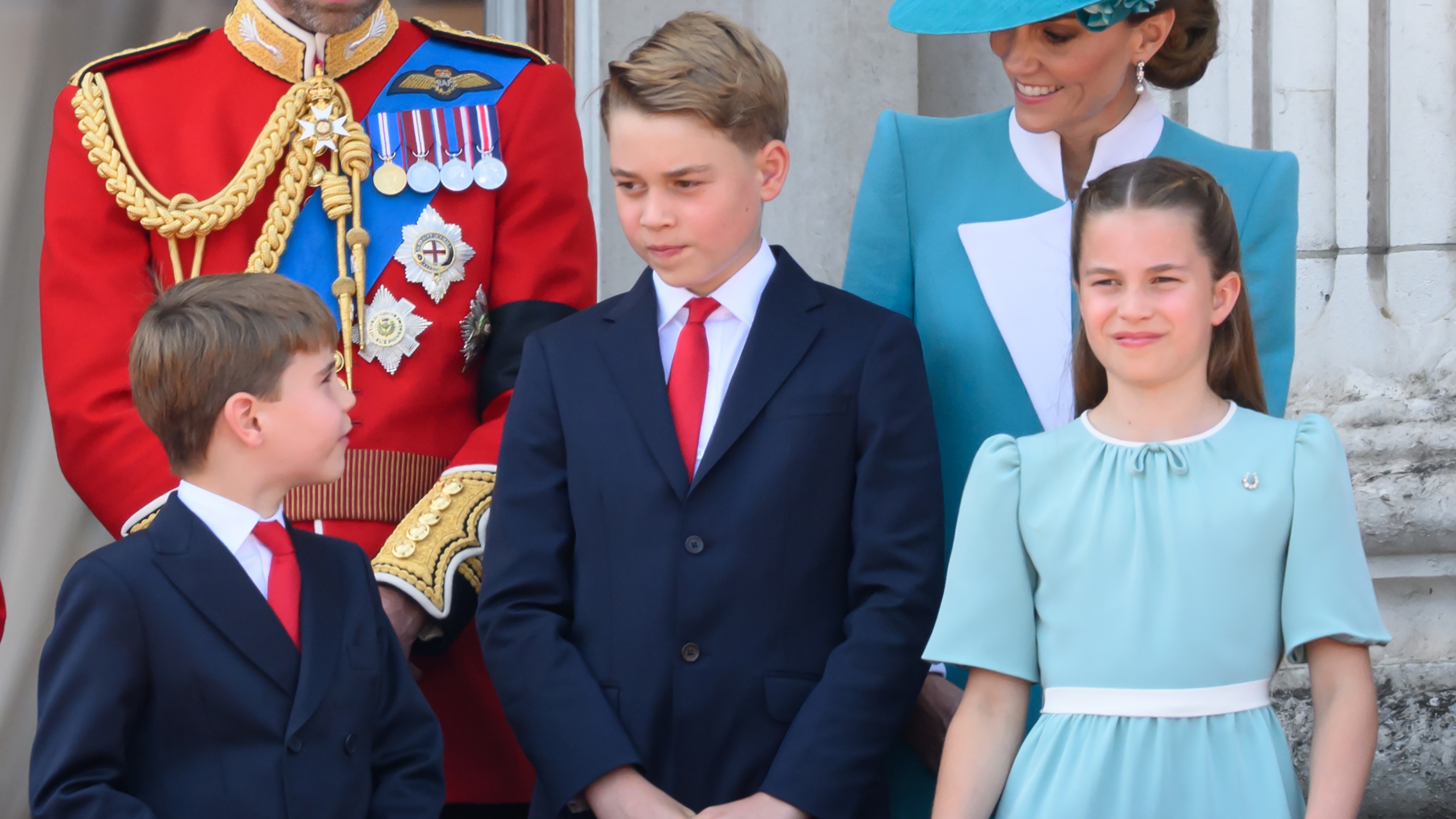 Prince Louis of Wales, Prince George of Wales and Princess Charlotte of Wales on the balcony at Buckingham Palace during Trooping The Colour 2025