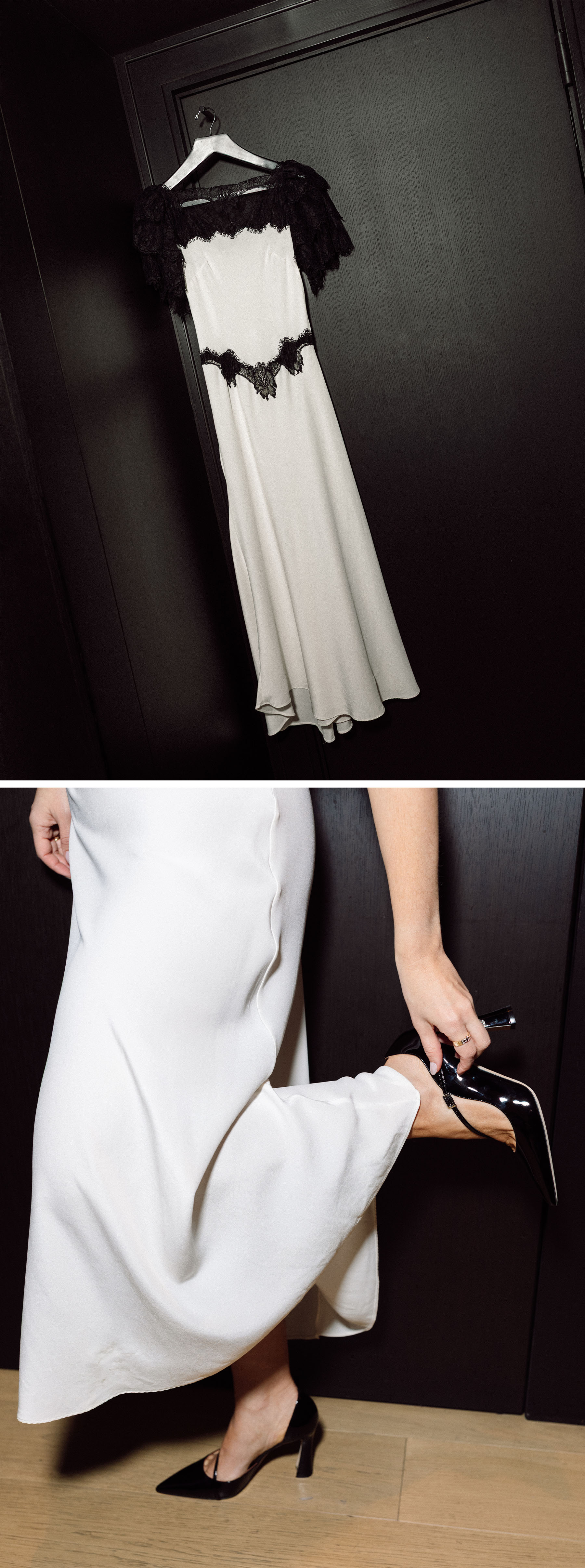 Top: Photo of Abby Elliott&#039;s Rodarte dress, which is white silk with black lace sleeves. Bottom: Abby Elliott slips on her black patin shoes.