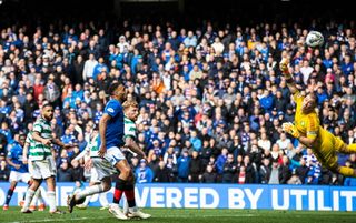 Rangers' Rabbi Matondo scores to make it 3-3 during a cinch Premiership match between Rangers and Celtic at Ibrox Stadium, on April 07, 2024, in Glasgow, Scotland. (