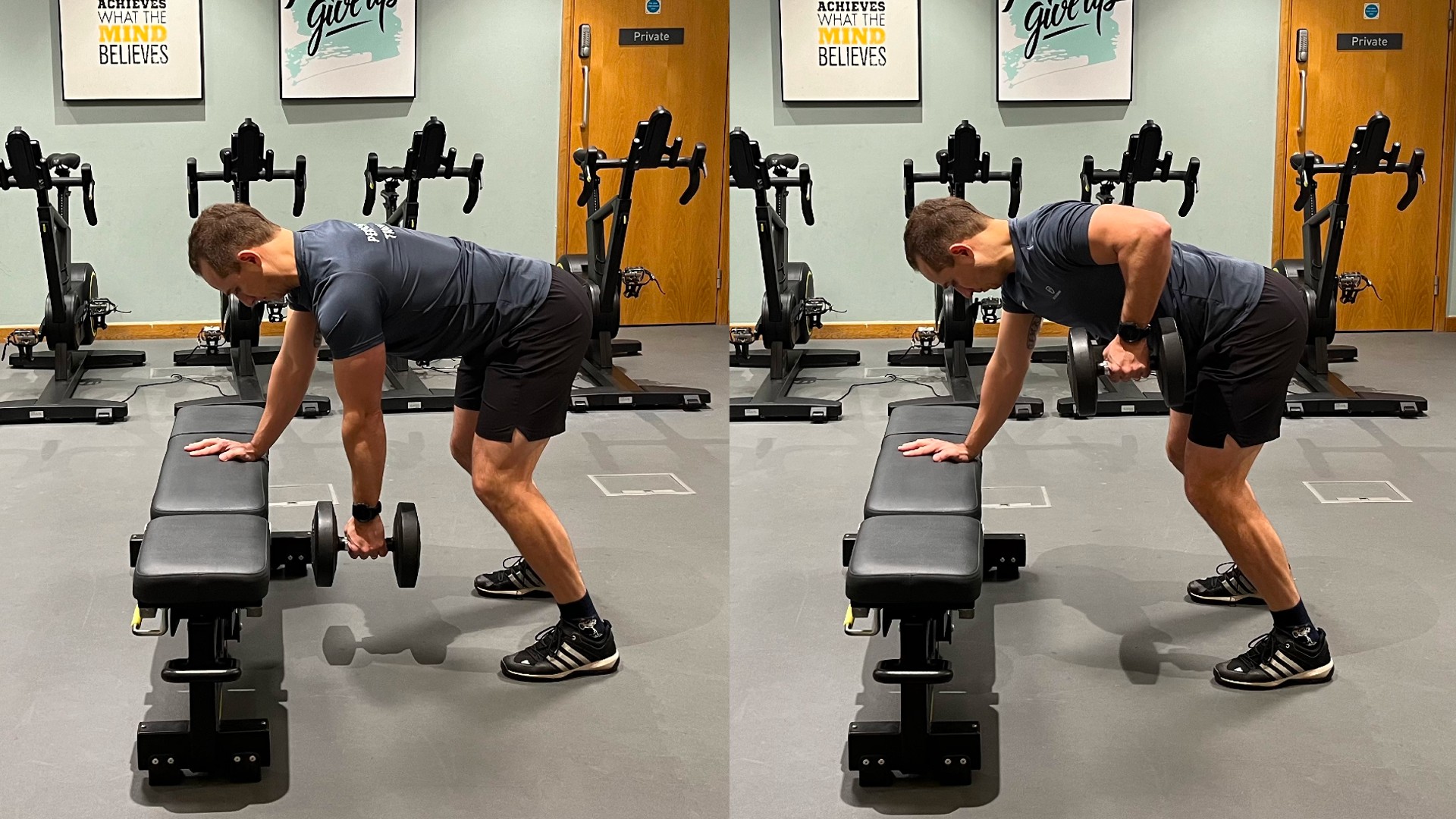 Trainer Luiz Silva demonstrates two positions of the one-arm dumbbell row