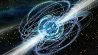 An illustration of a star with a tangled magnetic field shooting out radio waves
