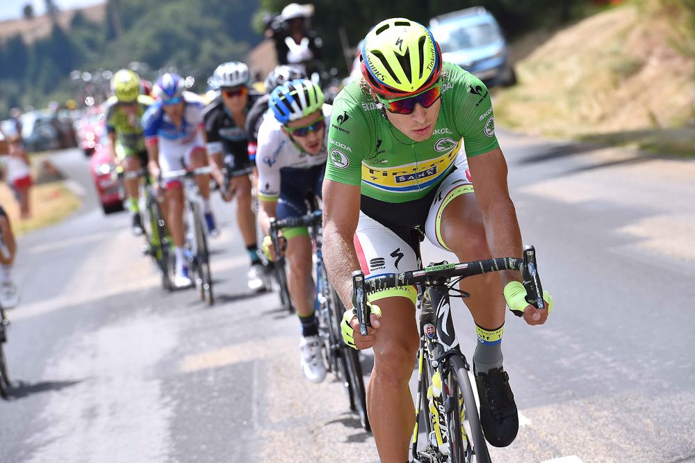 Peter Sagan powers the breakaway during stage 15.