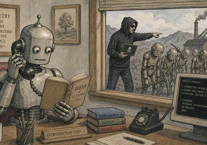 Illustration of a robot reading a book of poems at a desk while, through the window, a hooded man directs robots mining with pickaxes