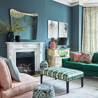 best colour combinations, Blue wall with fireplace and sofa set
