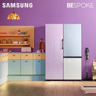 kitchen with glam lavender and classic fridge freezer