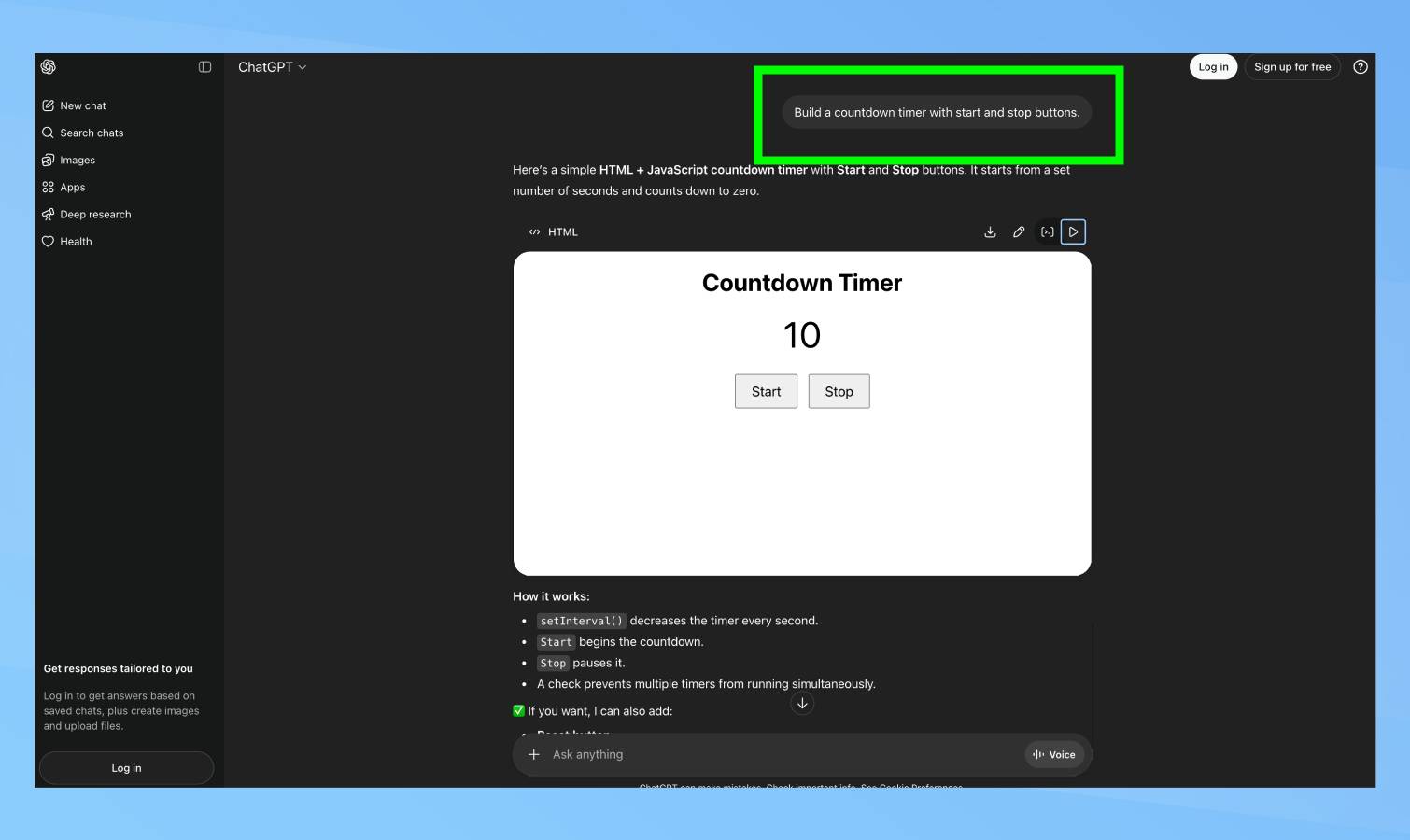 Vibe coding prompt in ChatGPT