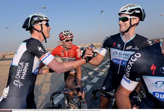 Omega Pharma Quick Step riders congratulate each other after the stage win.