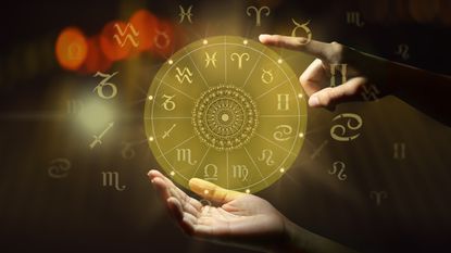 April New Moon in Taurus: Zodiac sign wheel of fortune. Astrology concept. Power of the moon and the Universe. - stock photo