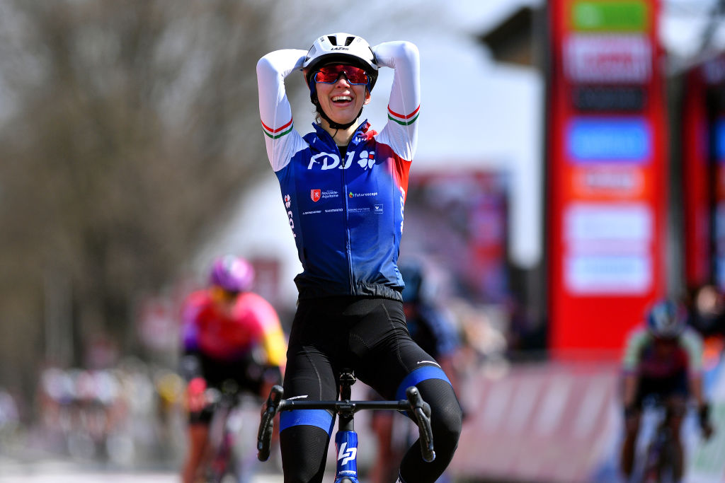 VALKENBURG NETHERLANDS APRIL 10 Marta Cavalli of Italy and Team FDJ Nouvelle Aquitaine Futuroscope celebrates winning during the 8th Amstel Gold Race Ladies Edition 2022 a 1285km one day race from Maastricht to Valkenburg UCIWWT AGR2022 on April 10 2022 in Valkenburg Netherlands Photo by Luc ClaessenGetty Images