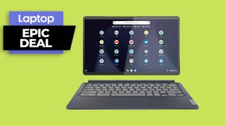 Lenovo Chromebook Duet 5 against green background