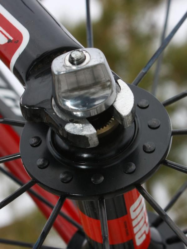 Lawyer tabs' on the fork are filed off for faster wheel changes.