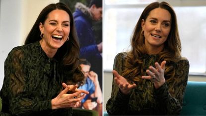 Composite of two pictures of Kate Middleton wearing a khaki green leopard print dress and knee high boots in January 2022