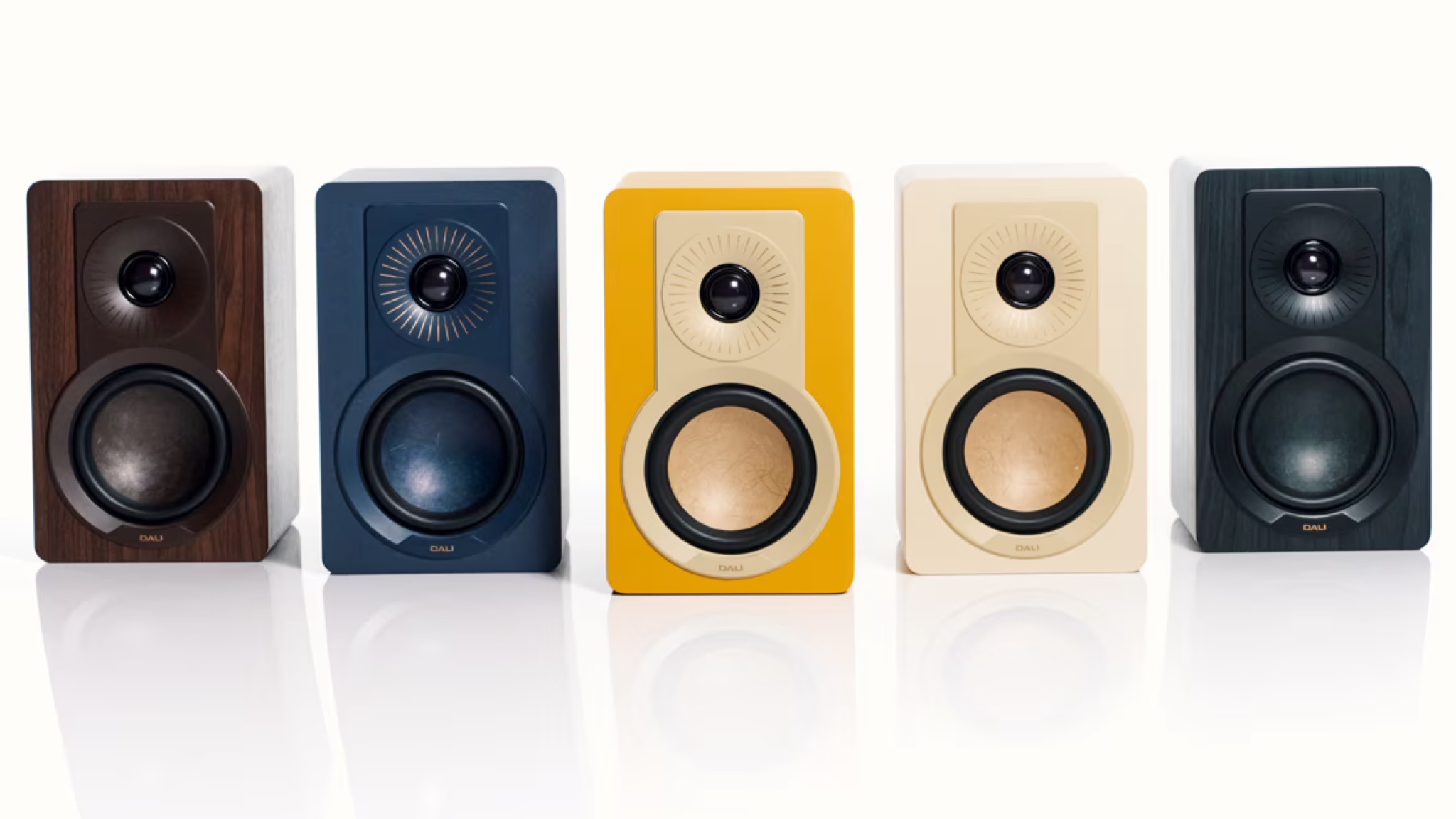 The five colour options of the DALI KUPID speakers against a white background