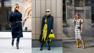 how to style knee-high boots with a midi dress street style