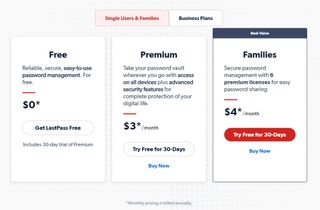 LastPass vs. 1Password: A screen grab of the pricing page on the LastPass website.