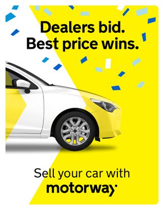 Yellow infographic reading 'Dealers bid. Best price wins. Sell your car with Motorway.'