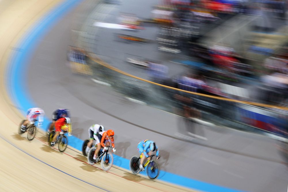A general view of the Women's Keirin race with Courtney Field of Australia, Nicky Degrendele of Belgium, Helena Casas Roige of Spain, Katy Marchant of Great Britain, Shanne Braspennincx of the Netherlands and Mandy Marquardt of the USA during the Tissot UCI Track Cycling World Cup 2016-2017