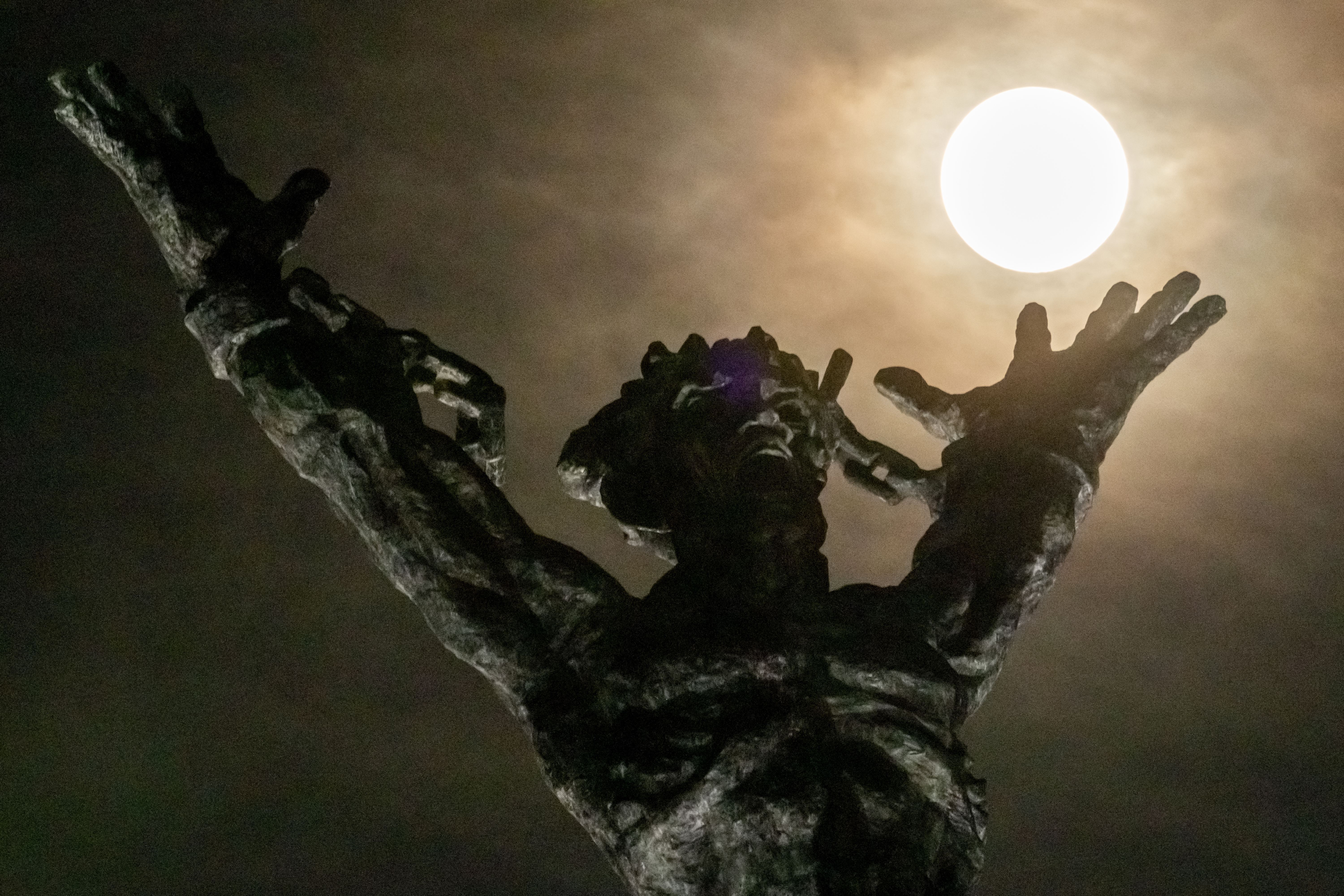 A photograph of the Harvest supermoon over the West Irian Liberation Monument in Jakarta in Indonesia.