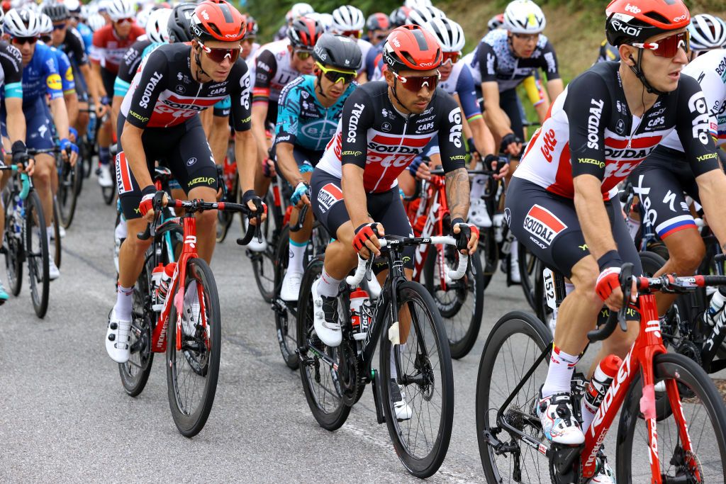 LANDERNEAU FRANCE JUNE 26 Tosh Van Der Sande of Belgium Caleb Ewan of Australia Thomas De Gendt of Belgium and Team Lotto Soudal during the 108th Tour de France 2021 Stage 1 a 1978km stage from Brest to Landerneau Cte De La Fosse Aux Loups 176m LeTour TDF2021 on June 26 2021 in Landerneau France Photo by Tim de WaeleGetty Images