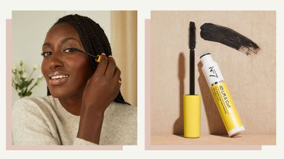 A side by side shot of a woman applying the No7 4D mascara, and a shot of the mascara on its own
