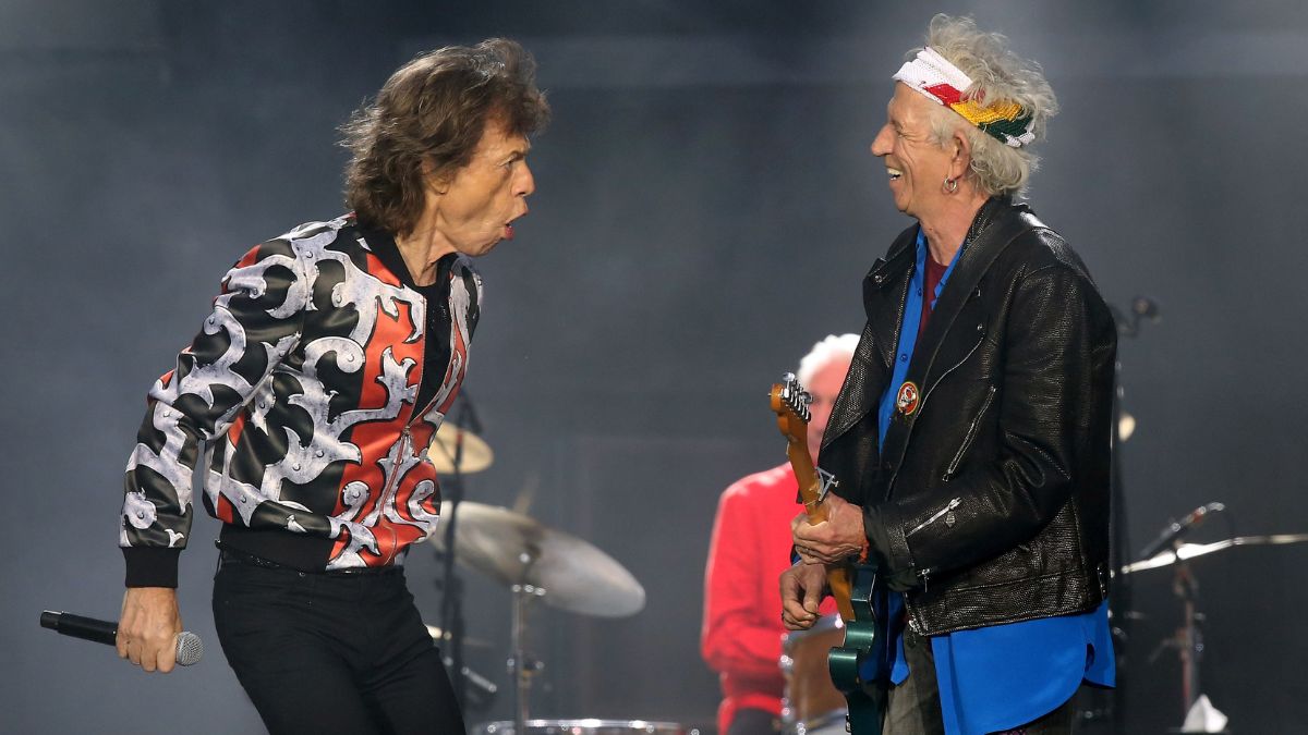 Mick Jagger and Keith Richards of The Rolling Stones perform live on stage during the 'No Filter' tour at The London Stadium on May 25, 2018 in London, England
